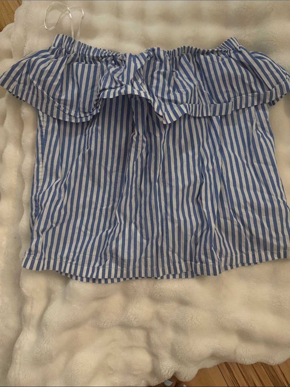 H&M Blue and White Striped Off-Shoulder Ruffle Top